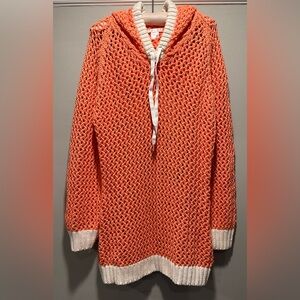 Venus Coral Orange & White Long Sleeve Open Knit Pullover Sweater Hoodie Size XL